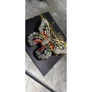 Vintage Gold-Tone Enamel and Rhinestone Butterfly Brooch
